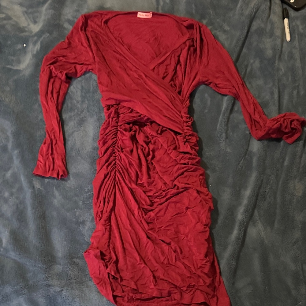 Hello MIZ Deep Red Long Sleeve Dress